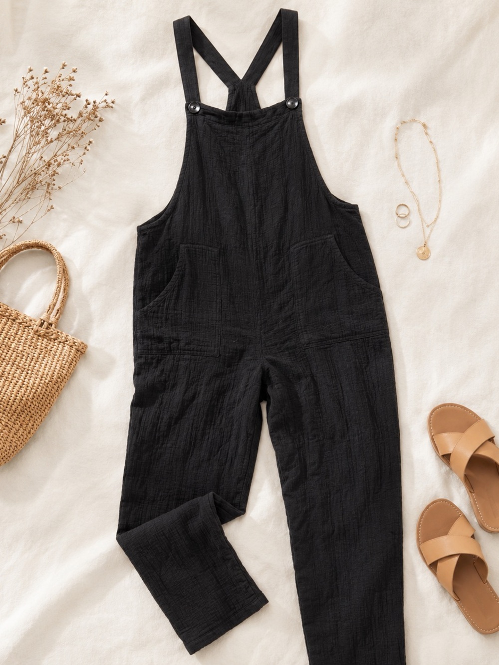 Black Textured Cotton Overalls